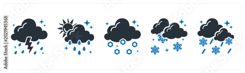 Fényképezés A set of 5 mix icons as thunderstorm, downpour, hail