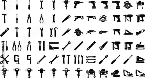 Obraz na płótnie Mega pack construction power tools silhouette icons set featuring drill circular