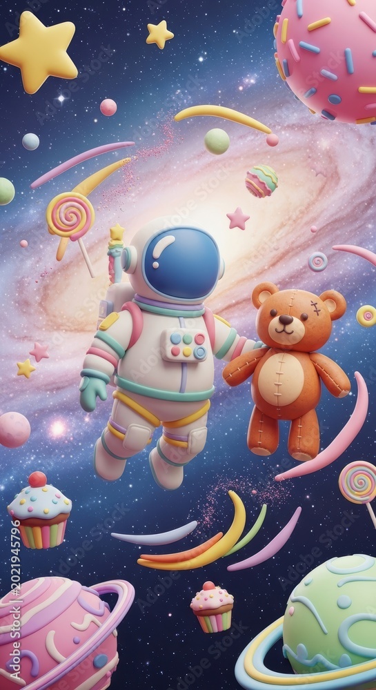 Naklejka premium Whimsical Space Adventure with Astronaut, Bear, and Candy in Outer Galaxy Scene