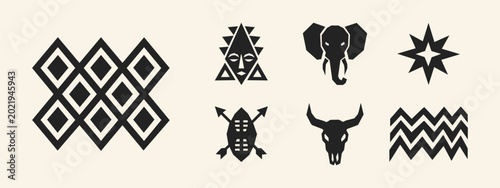 African Tribal Icons Set with Geometric Mask Elephant Shield Skull and Patterns
