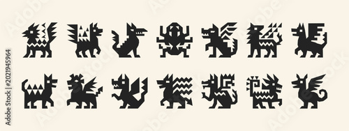 Photos Set of 14 black geometric fantasy creature silhouettes including dragons and myt