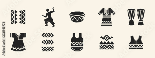 Schilderij op canvas African Culture Icon Set with Traditional Clothing Drums Dancer and Geometric Tr