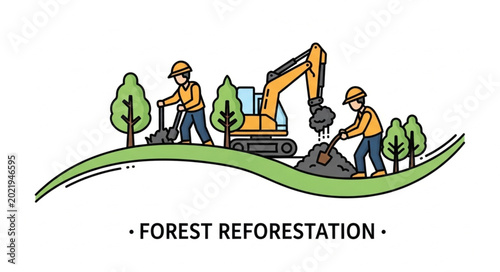 Tableau sur toile Forest Reforestation Project with Workers and Excavator.
