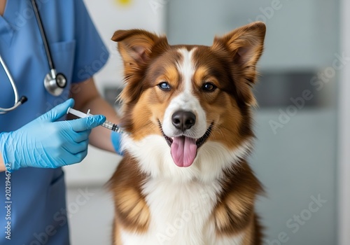 Veterinarian administering injection to happy dog syringe