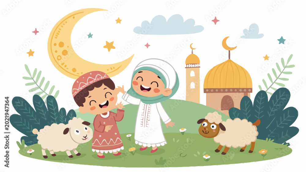 Obraz premium Happy muslim children celebrating eid aladha with sheep