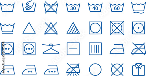 Billede på lærred Laundry Care Symbols and Fabric Washing Instruction Blue Line Icons Set
