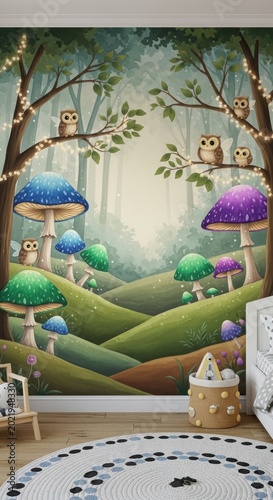 Whimsical Forest Scene Wall Mural with Owls Mushrooms and Lush Greenery
