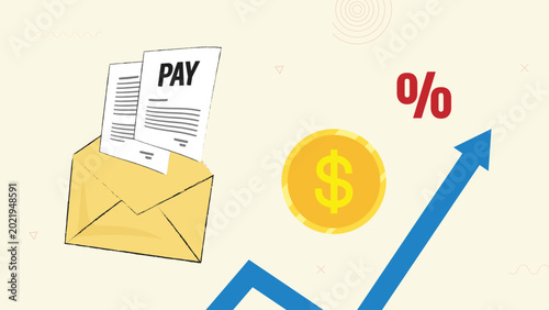 Envelope with a document for payment notice, financial success, economic indication, business growth, dollar coin with upward graph