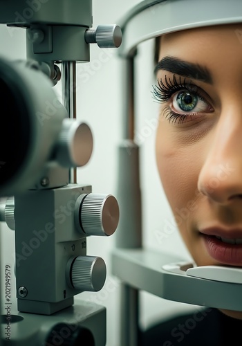 Woman eye examination with optical equipment ophthalmology