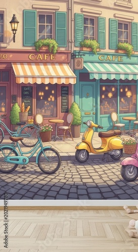 Charming European-style cafe storefront with outdoor seating, bicycles, and scooters on cobblestone street