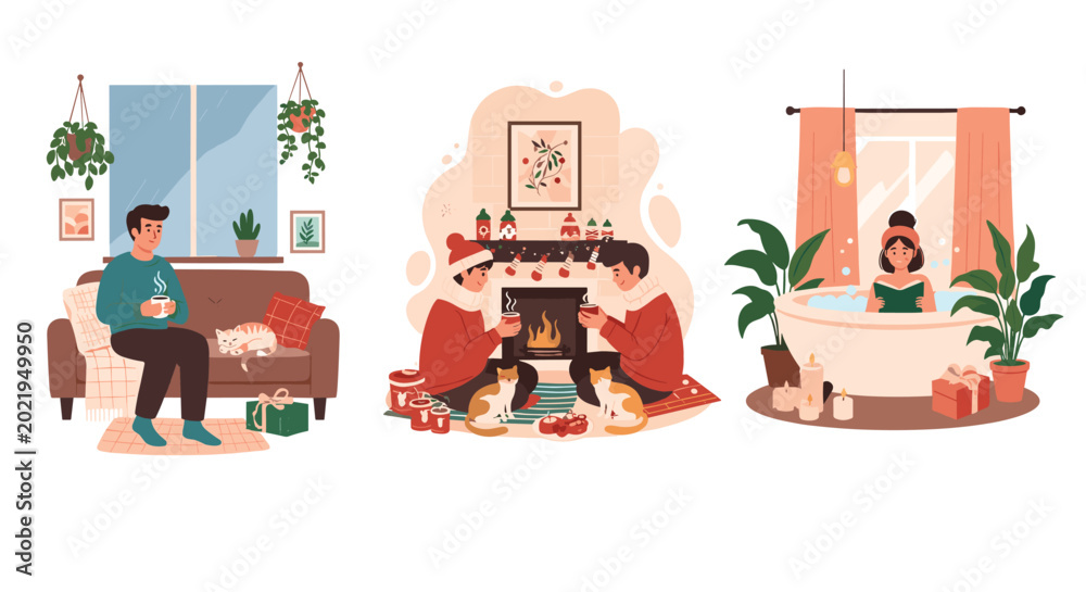 Fototapeta premium Relaxing winter lifestyle scenes feature a man with coffee, a couple by a fireplace, and a woman reading a book in a bubble bath.