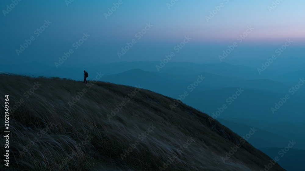 Obraz premium Lone hiker silhouetted on grassy ridge at dusk, overlooking layered mountain ranges under a serene twilight sky