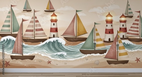 Coastal scene with sailboats and lighthouses along sandy shoreline under cloudy sky