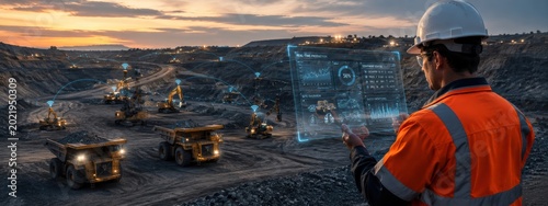 Construction Worker Using Technology for Data Analysis in Modern Mining Operations at Dusk