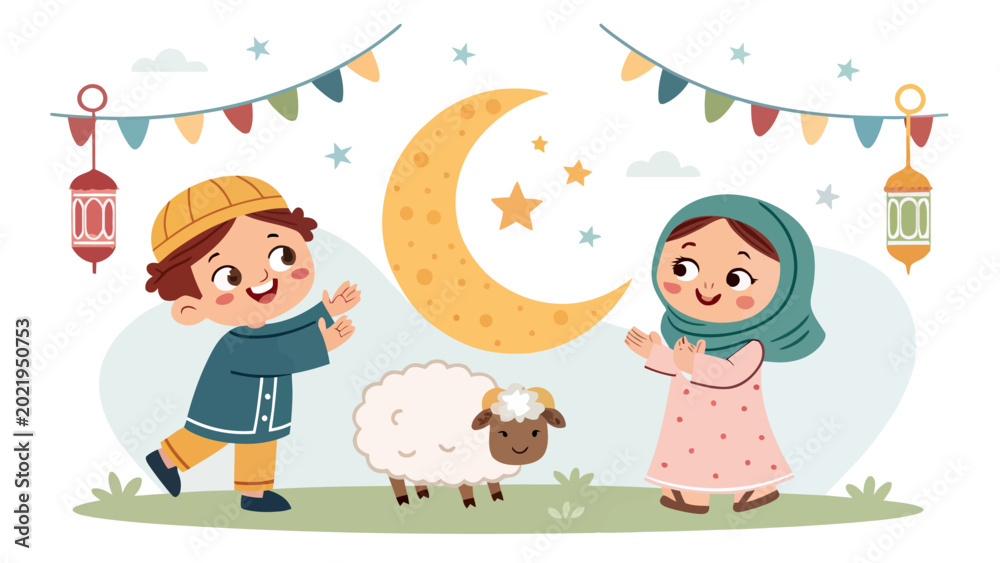 Obraz premium Happy children celebrating eid aladha with a cute sheep