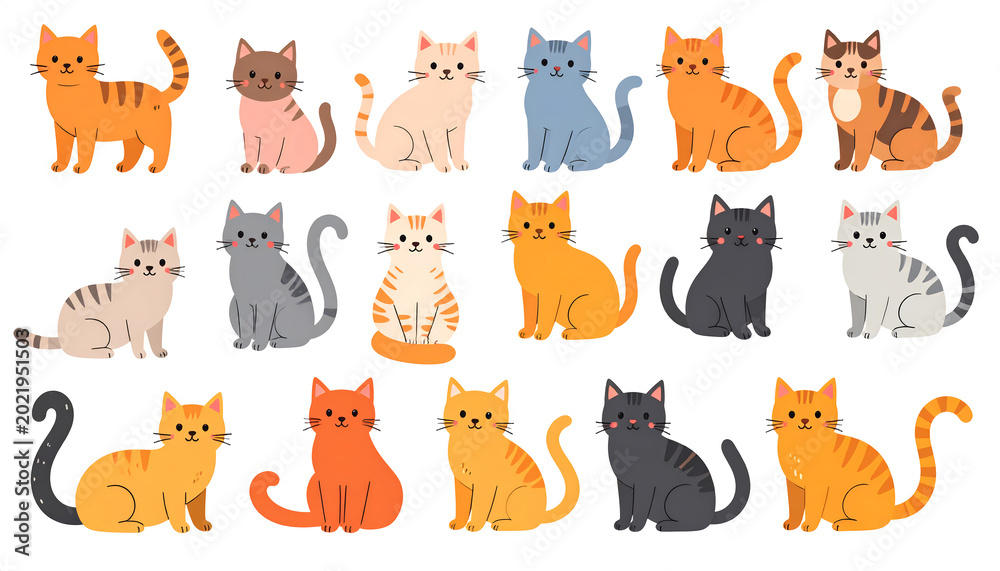 Obraz premium Set of cute cats in flat style features various playful feline characters perfect for children books and creative nursery decor generative AI