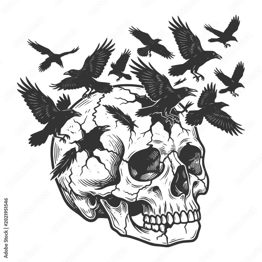 Fototapeta premium cracked skull with ravens flying out, symbolizing death, dark thoughts, and release sketch engraving generative ai fictional character vector illustration. Scratch board imitation. Black and white.