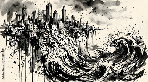 City and wave ink art