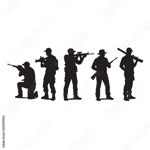 Fotografie Military soldier silhouettes set, tactical armed infantry vector collection, bla