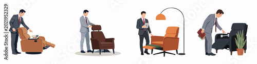 Bild auf Leinwand Set of illustrations featuring businessmen in suits selecting and showcasing various modern recliners and armchairs for interior design and office spaces