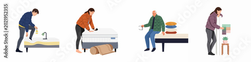 Foto Illustration set of diverse people shopping for mattresses, pillows, and home decor in a specialized furniture store showroom