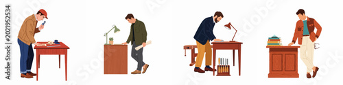 Foto Vector illustration set of professional craftsmen and designers working at wooden desks, featuring a woodworker, architect, restorer, and intellectual