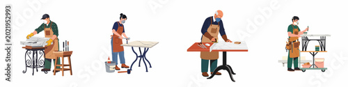 Fotografia Vector illustration of diverse stonemasons and craftspeople working on marble slabs and stone tables in a workshop, wearing protective gear and using professional tools