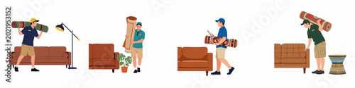Billede på lærred Professional movers and delivery service personnel carrying rolled rugs and setting up home furniture, flat vector illustration set on white background