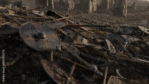 Pile of broken spears and damaged shields on an ancient battlefield.