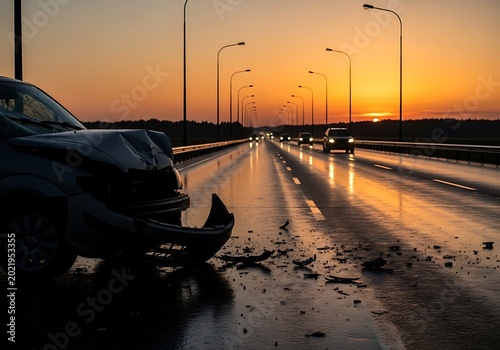 Damaged car on wet highway at sunset car accident damaged vehicle