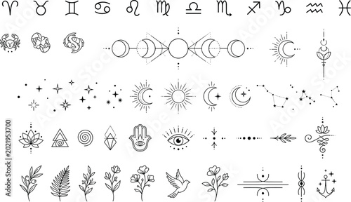 Schilderij op canvas Simple line art mystic symbols bundle decorative sun stars horoscopes moon phase