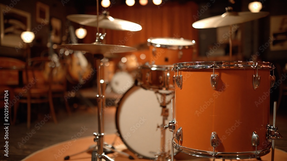 Fototapeta premium Vibrant Orange Drum Kit Set Up In A Warmly Lit Vintage Music Venue