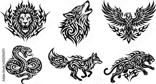 Fotografía Tribal animal tattoo vector set featuring aggressive roaring lion howling wolf s