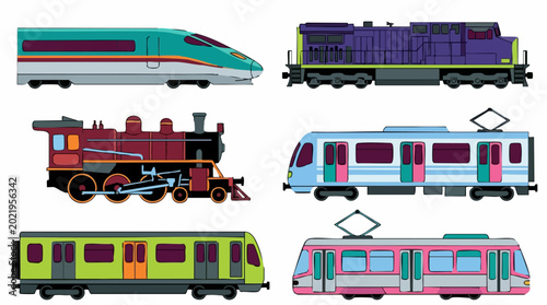 Schilderij op canvas Diverse set of cartoon trains and trams: high-speed, diesel, steam, metro, light