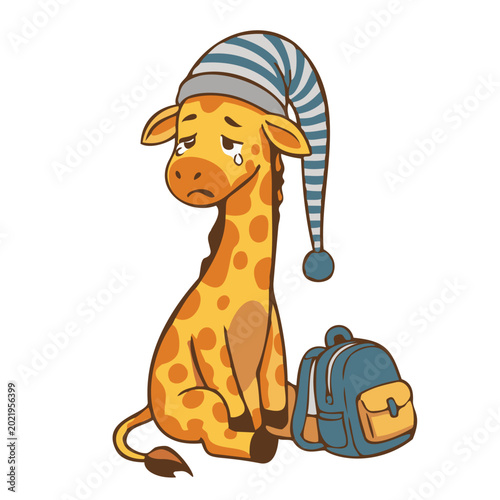 Obraz na płótnie Cute sad crying giraffe character with nightcap and sleeping bag