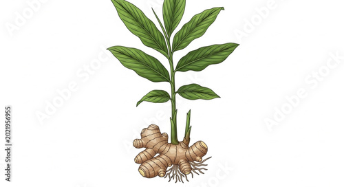 Tableau sur toile Ginger plant with rhizome and green leaves on white background.