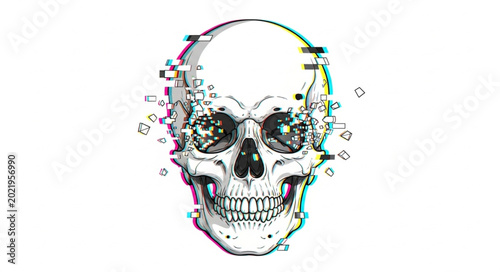 Obraz na plátně Glitch effect skull illustration with digital distortion.