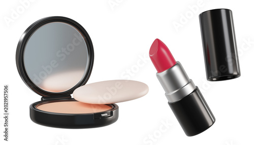фотографія 3d Cosmetic set with Black Compact Powder and mirror, makeup sponge, and opened red lipstick with cap