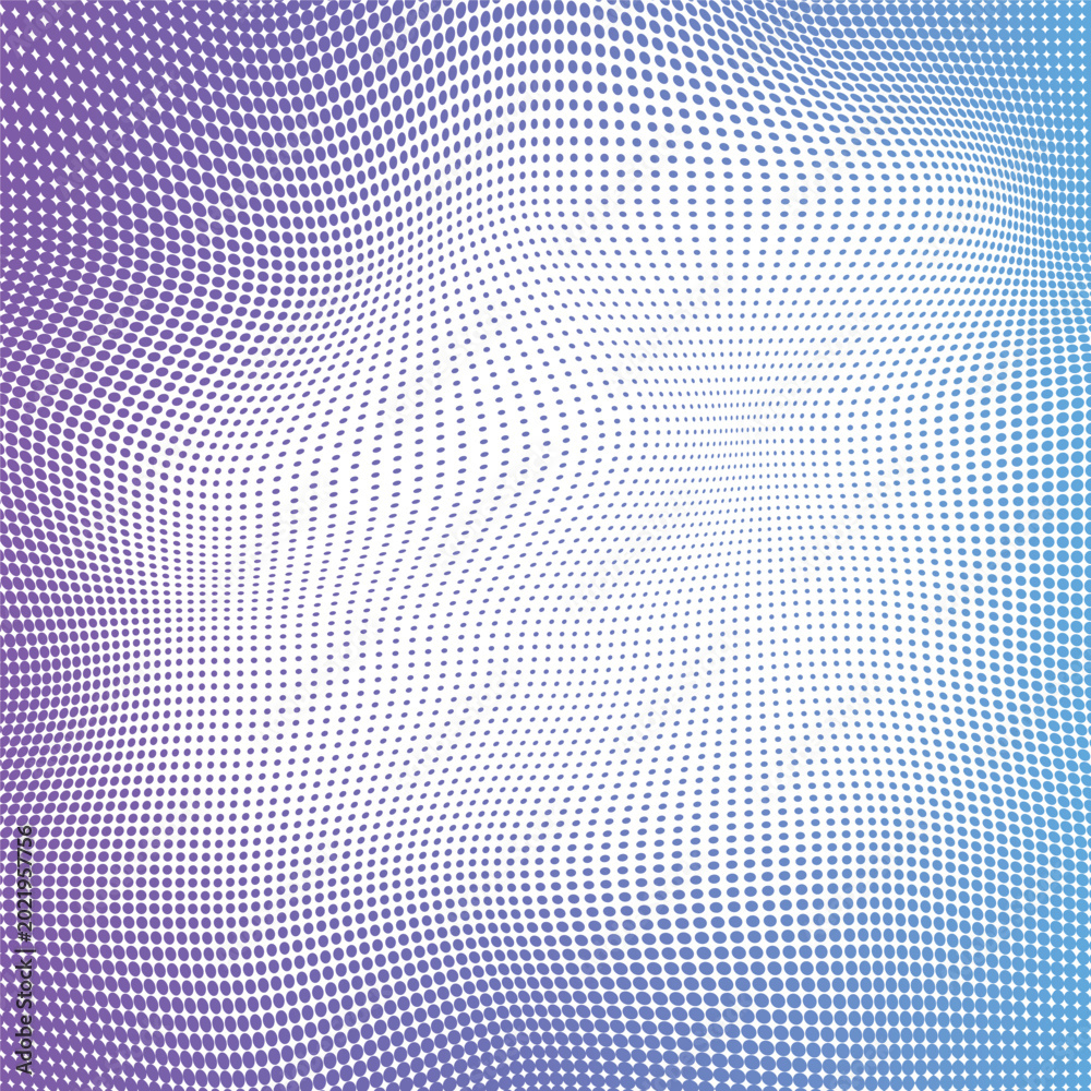 Fototapeta premium Dynamic purple and blue halftone dot gradient, creating a warped optical illusion. Ideal modern abstract background. Transparent Background, PNG
