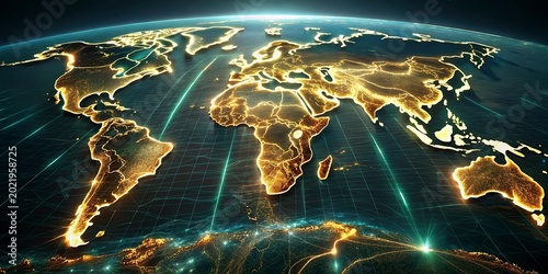 World map on a technological background, glowing lines symbols of the Internet, radio, television, mobile and satellite communications.Global network connection over the world