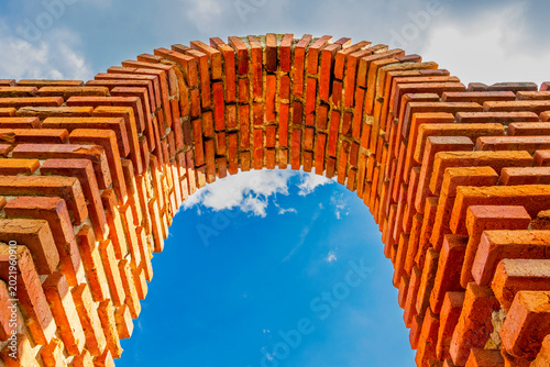 Low-angle partial view of an arch of the Basilica of the Holy Mother of God Eleusa in Old Town Nessebar, Burgas Province, Bulgarian Black Sea Coast