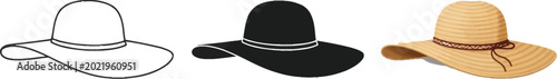 Konstfotografi Versatile set of wide-brimmed sun hats featuring outline solid and realistic vec