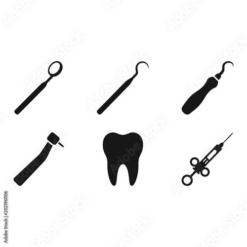 Dental tools icon set, silhouette, white background, vector illustration