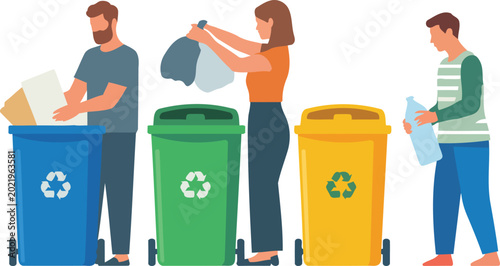 Photos People sorting recyclables into bins with disposal vector illustration