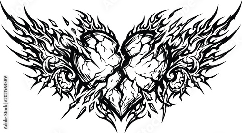Photography Gothic broken heart tattoo vector design featuring aggressive flames sharp thorn