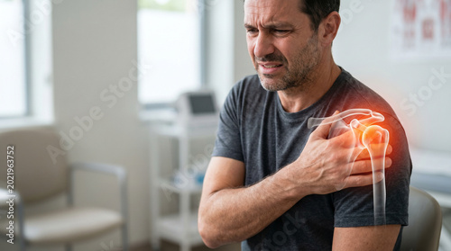 Adult man experiencing shoulder pain and inflammation highlighting orthopedic injury and physical rehabilitation concepts.
