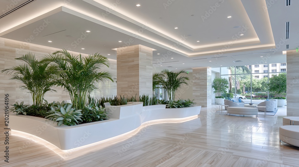 Fototapeta premium Modern Luxury Hotel Lobby with Lush Greenery and Contemporary Seating Areas