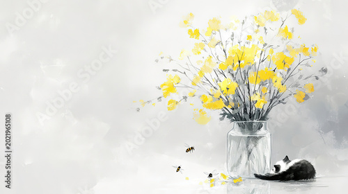 Chinese painting glass vase yellow wild flowers bees flying among flowers cat lazily lying ground sleeping simple brushstrokes light gray background minimalist style ingenious blank space large area b
