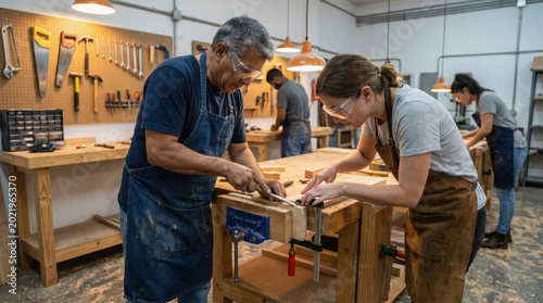 Intergenerational woodworking classroom collaboration focus