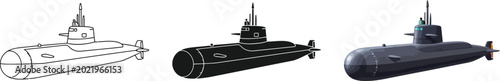 Photos Set of submarine illustrations showing outline silhouette and detailed vector st